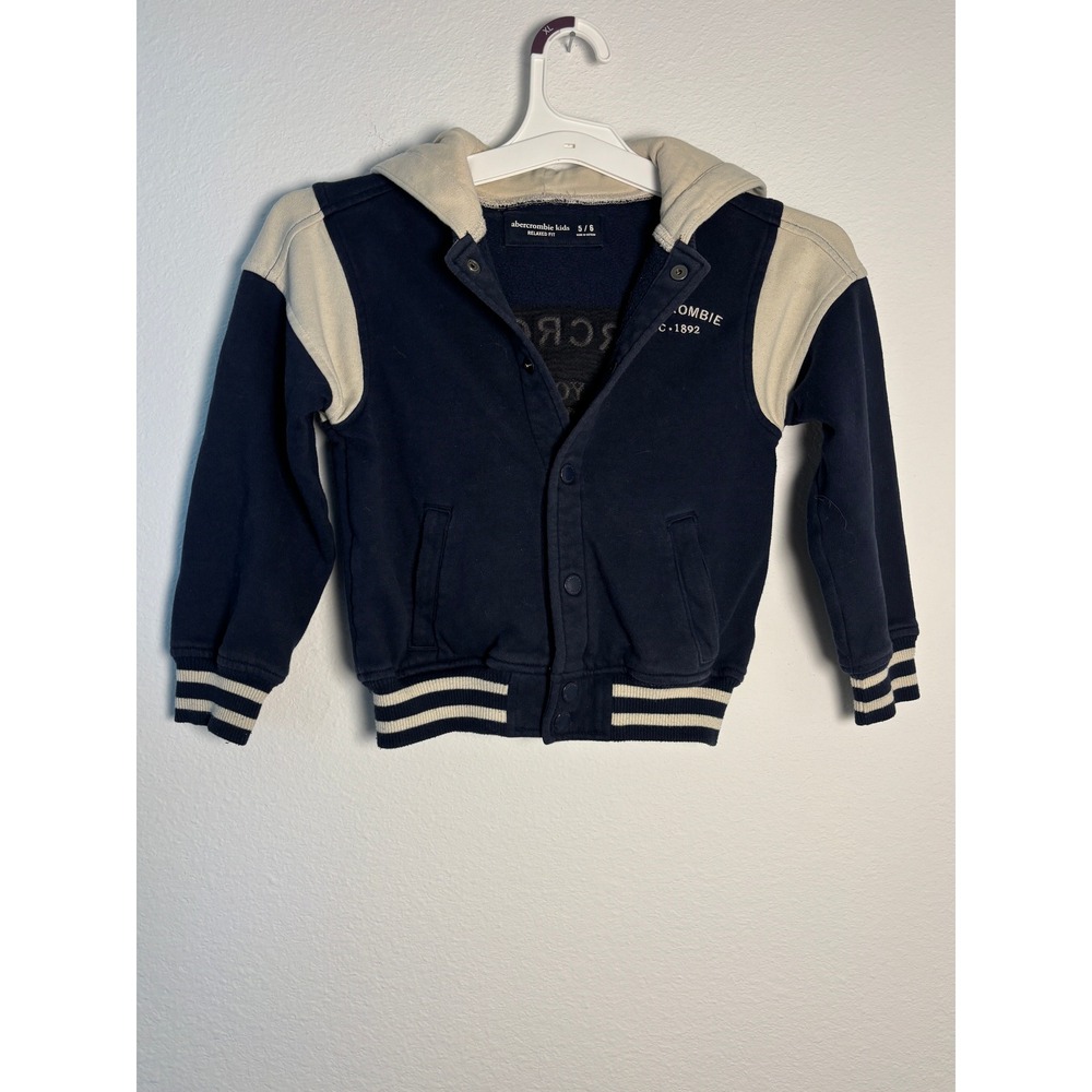 Abercrombie Kids Varsity Hooded Jacket Navy Blue Cream Size 5/6 NYC Boroughs